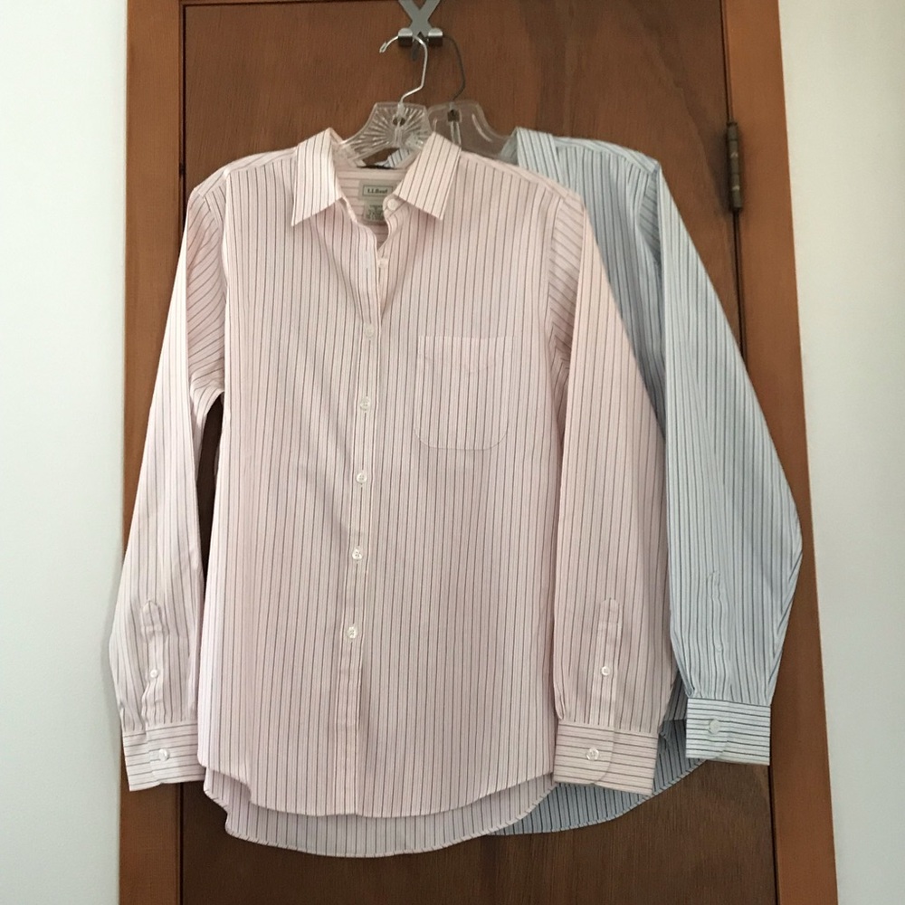 Women’s Medium LL BEAN Lot of 2 Wrinkle Resistant Pink & Blue Striped Shirts EXC